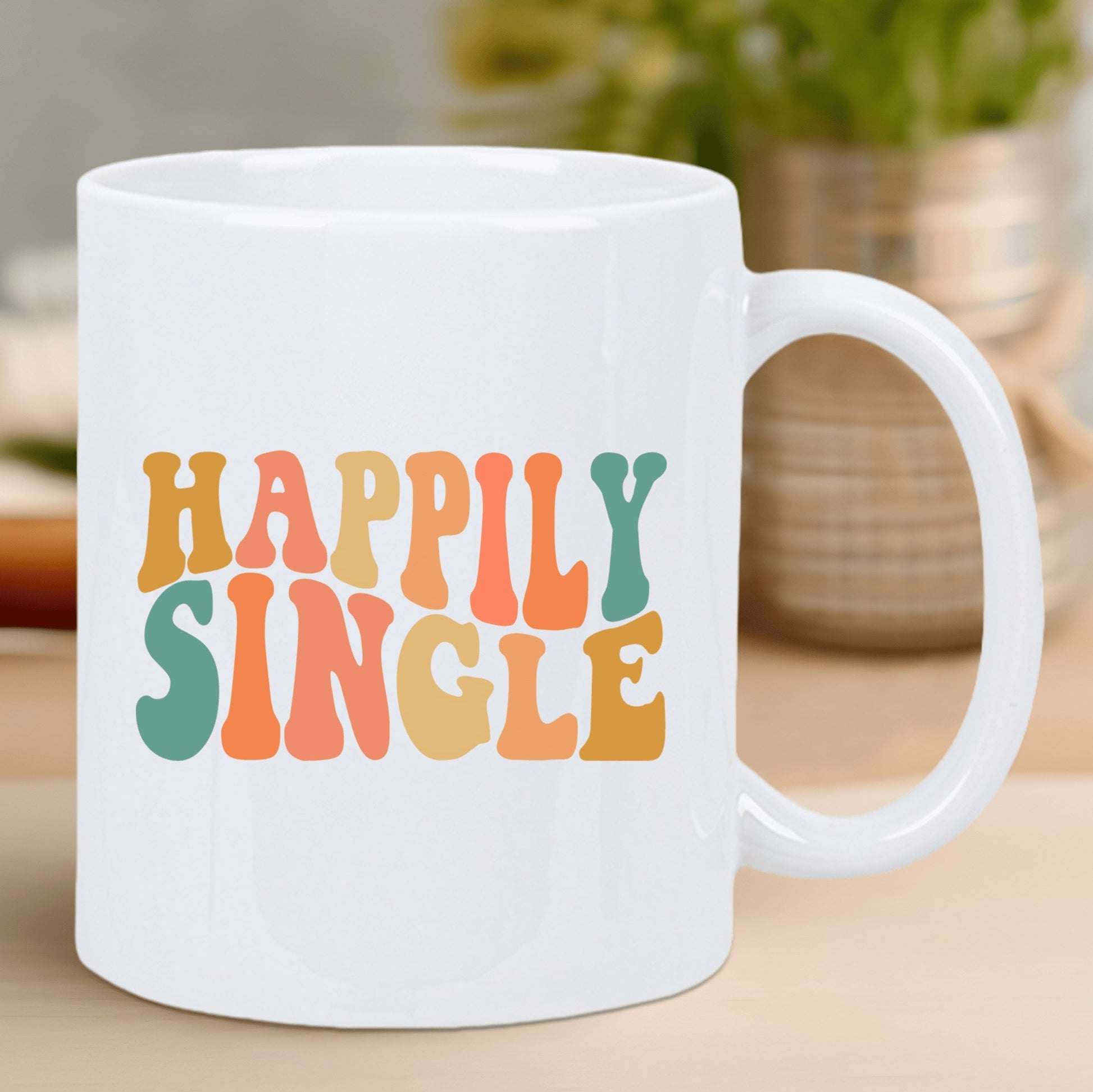 Tailorly White Ceramic 11 oz Mug - Happily Single Retro Style Colorful Typography Design Printed On A Ceramic Coffee Mug