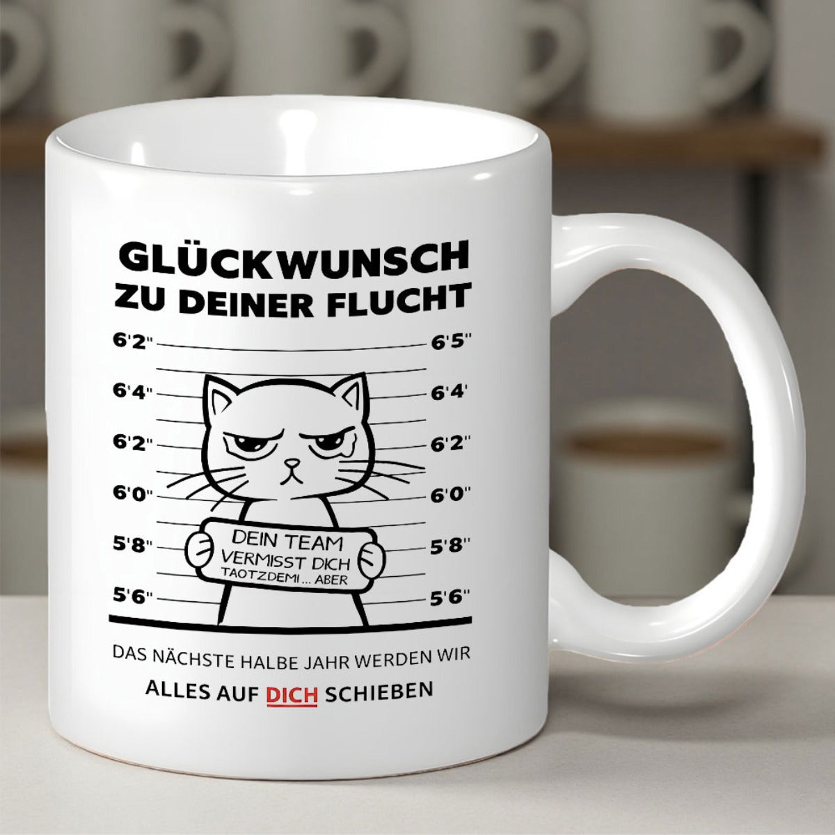 Tailorly White Ceramic 11 oz Mug - Grumpy Cartoon Feline Standing Before A Prison Height Chart Lineup Cat