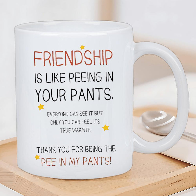 Tailorly White Ceramic 11 oz Mug - Friendship Is Like Peeing In Your Pants Minimalist Yellow Stars Decorating A Humorous Hand Drawn Script Design Mug