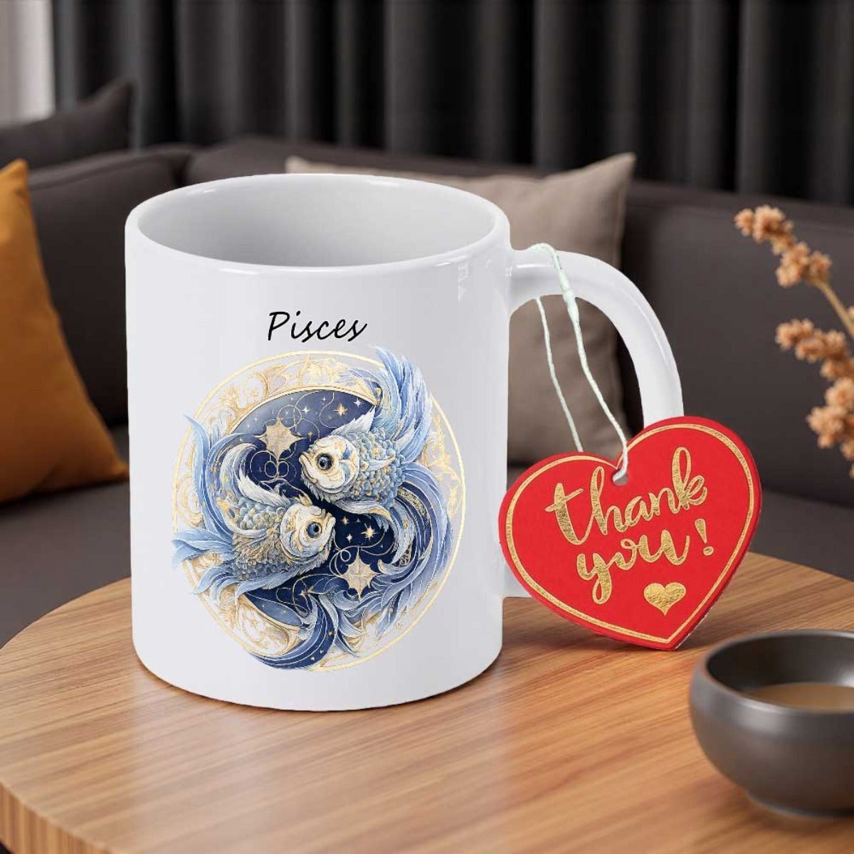 Tailorly White Ceramic 11 oz Mug - Pisces Ethereal Blue And Gold Koi Fishes In A Celestial Circular Pattern Pisces