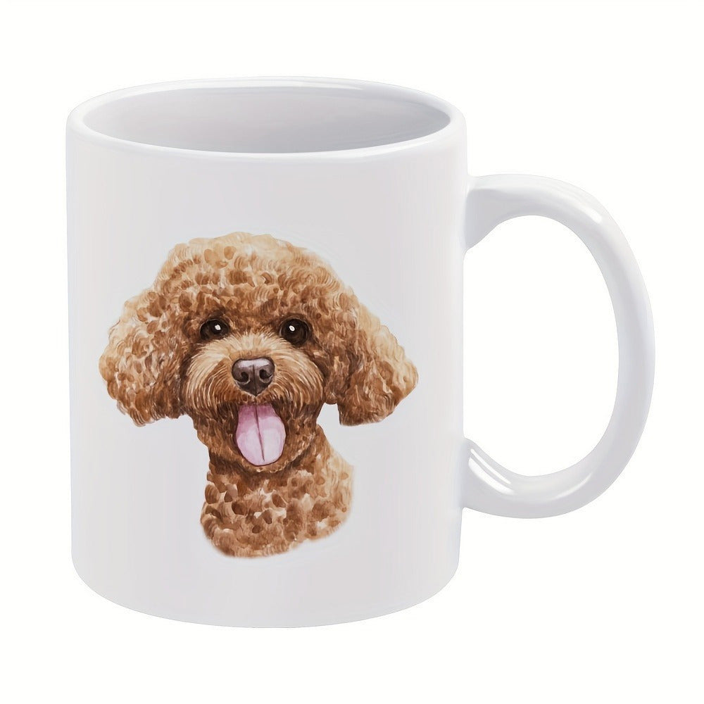Tailorly White Ceramic 11 oz Mug - Adorable Brown Furry Dog With Curly Texture And Happy Smiling Poodle