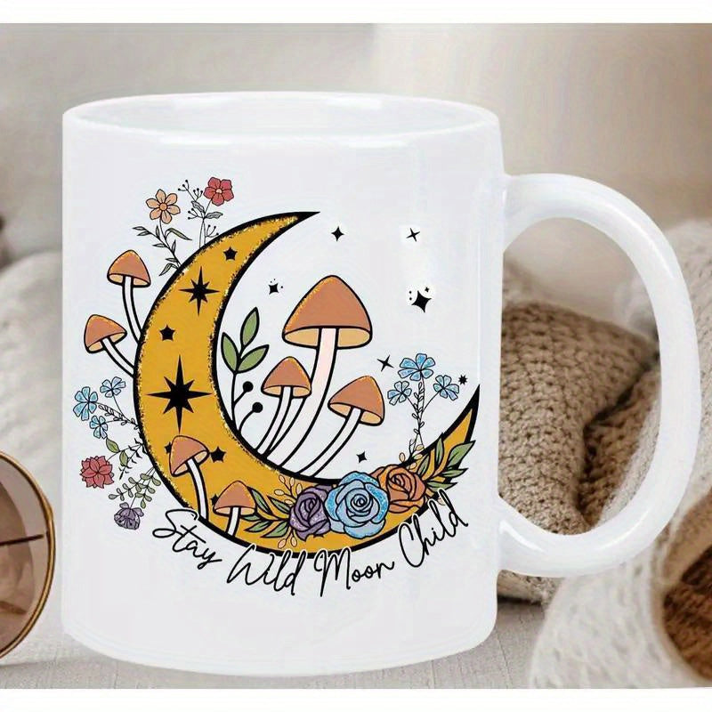 Tailorly White Ceramic 11 oz Mug - Stay Wild Moon Child Floral Celestial Pattern With Earthy Mushrooms And Glowing Stars Crescent Moon