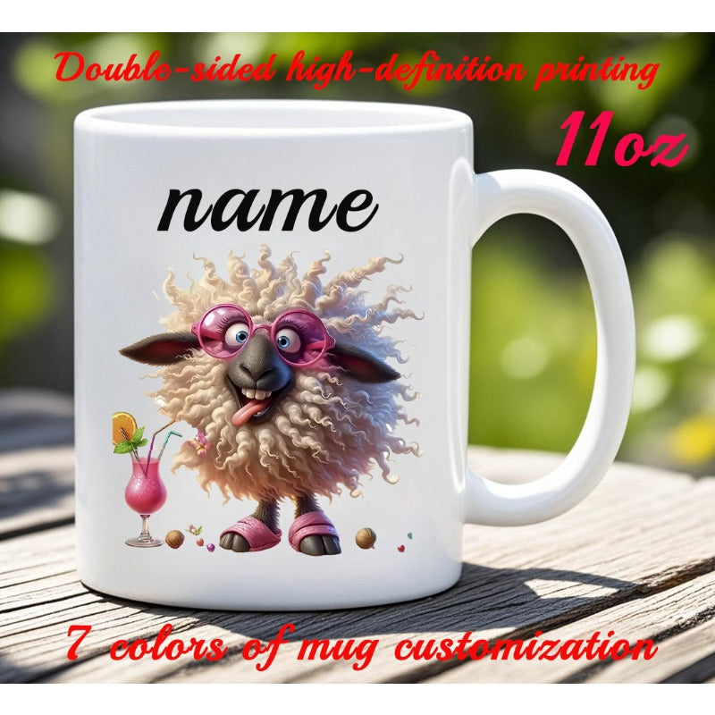 Tailorly White Ceramic 11 oz Mug - Name Funny Fluffy White Sheep Wearing Pink Sunglasses With Tropical Cocktail Sheep