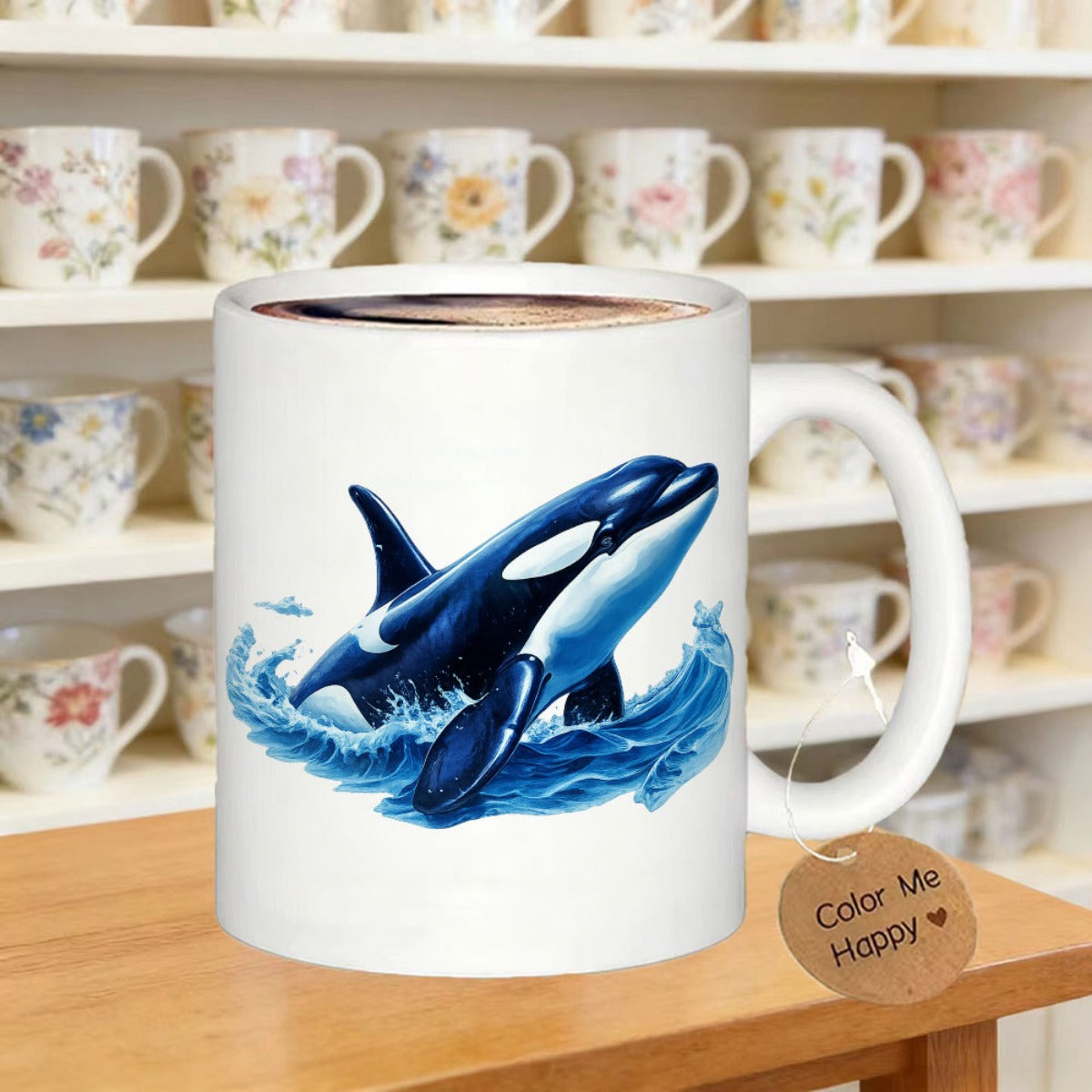 Tailorly White Ceramic 11 oz Mug - Majestic Orca Leaping Through Splashing Blue Ocean Waves Under Bright Daylight Whale