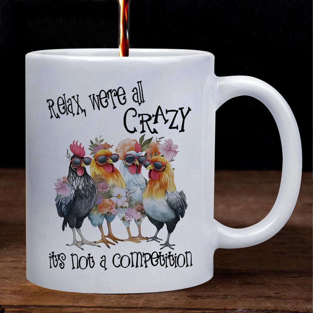 Tailorly White Ceramic 11 oz Mug - Relax Were All Crazy Its Not A Competition Colorful Watercolor Farm Animals Wearing Cool Sunglasses Among Beautiful Flowers
