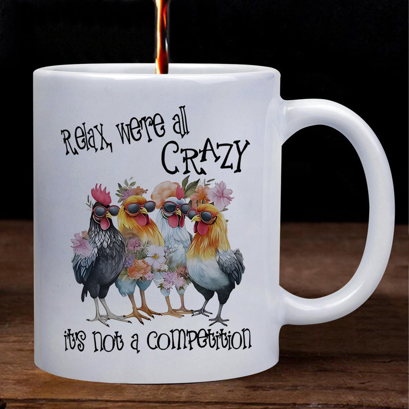 Tailorly White Ceramic 11 oz Mug - Relax Were All Crazy Its Not A Competition Colorful Watercolor Farm Animals Wearing Cool Sunglasses Among Beautiful Flowers