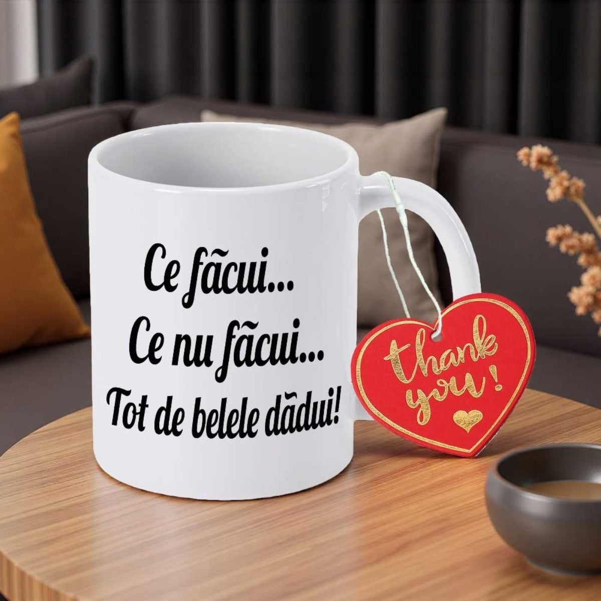 Tailorly White Ceramic 11 oz Mug - Thank You Minimalist With Red Heart Shaped Tag Mug