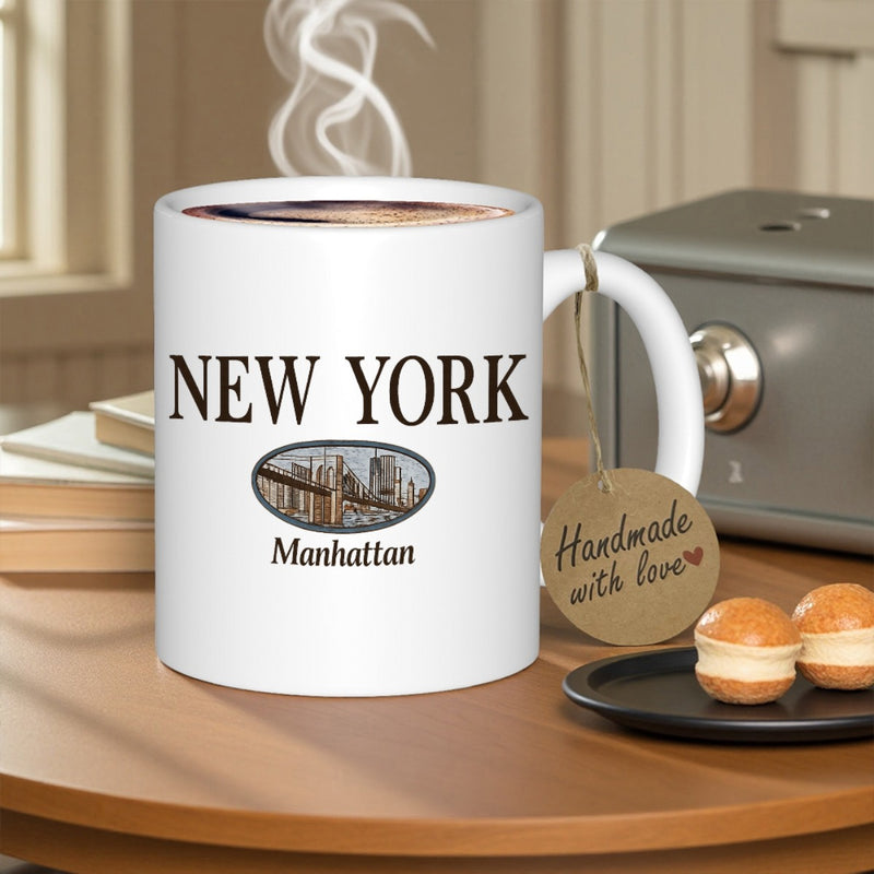 Tailorly White Ceramic 11 oz Mug - New York Manhattan Iconic Urban Cityscape Inside Oval Frame With Brooklyn Bridge Mug