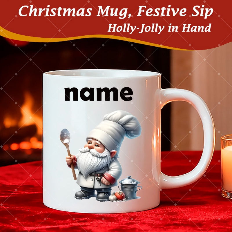 Tailorly White Ceramic 11 oz Mug - Holly Jolly Festive Miniature Chef In White Hat Holding Spoon Gnome