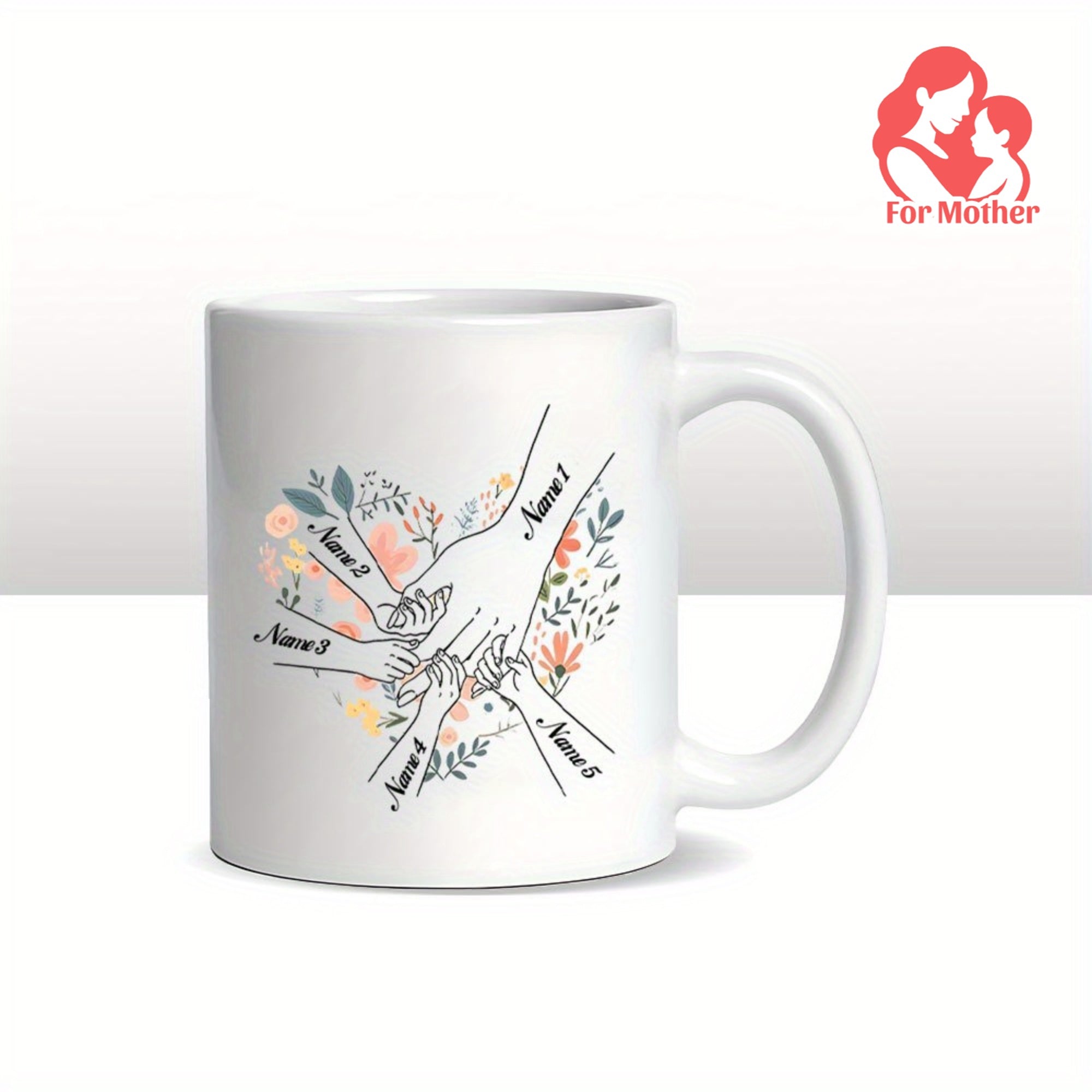 Tailorly White Ceramic 11 oz Mug - For Mother Multiple Family Hands Joined Among Delicate Blooming Floral Line Art Hands