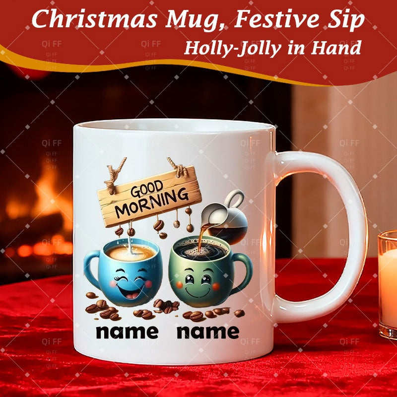 Tailorly White Ceramic 11 oz Mug - Good Morning Two Smiling Anthropomorphic Coffee Cups With Steam And Roasted Beans Mug