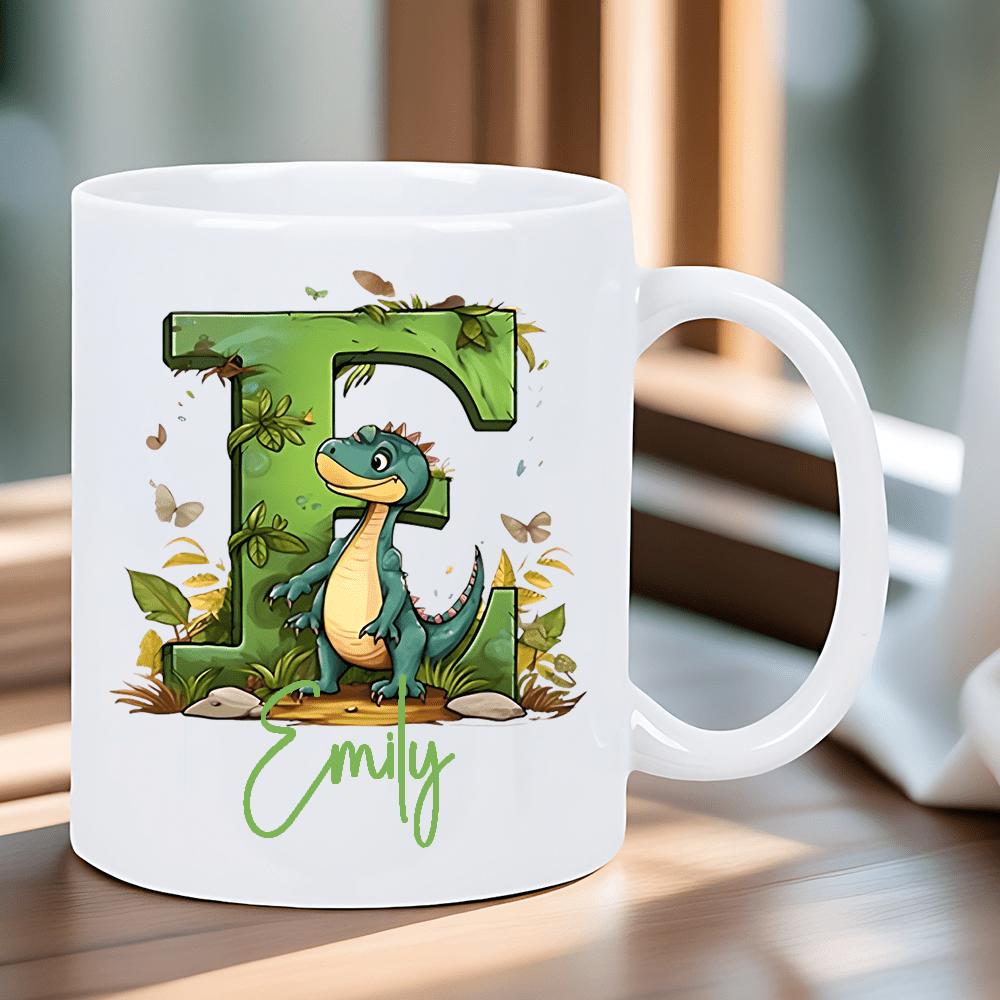 Tailorly White Ceramic 11 oz Mug - Emily Friendly Blue Reptile Resting Beside Mossy Green Letter Garden Dinosaur