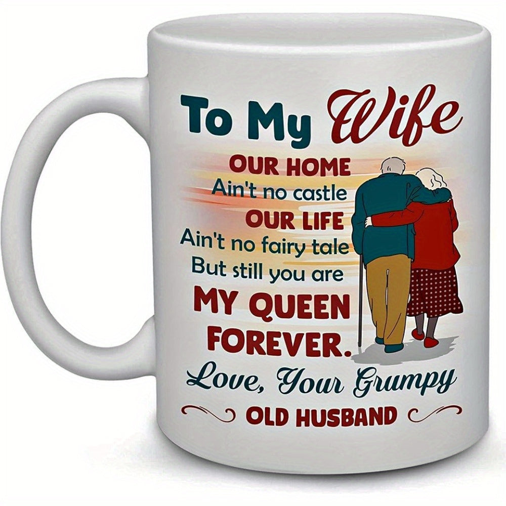 Tailorly White Ceramic 11 oz Mug - To My Wife My Queen Forever Your Grumpy Old Husband Elderly Couple Walking Together Under A Warm Glowing Sunset Sky Couple