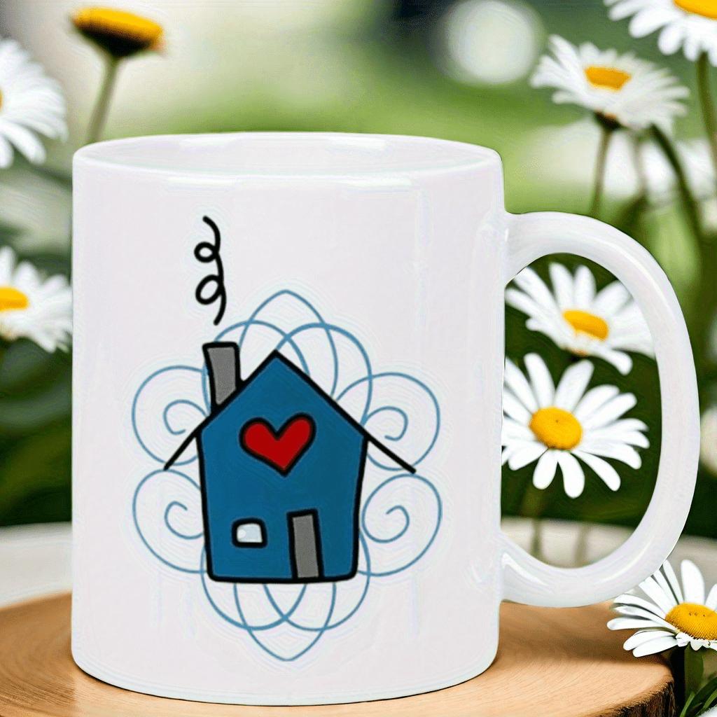 Tailorly White Ceramic 11 oz Mug - Whimsical Blue Cottage With Red Heart Featuring Delicate Blue Swirls House