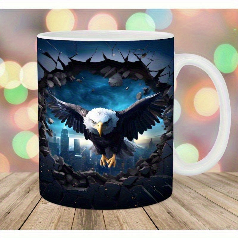 Tailorly White Ceramic 11 oz Mug - Majestic Bird Bursting Through Realistic Cracked Concrete Wall Surface Eagle