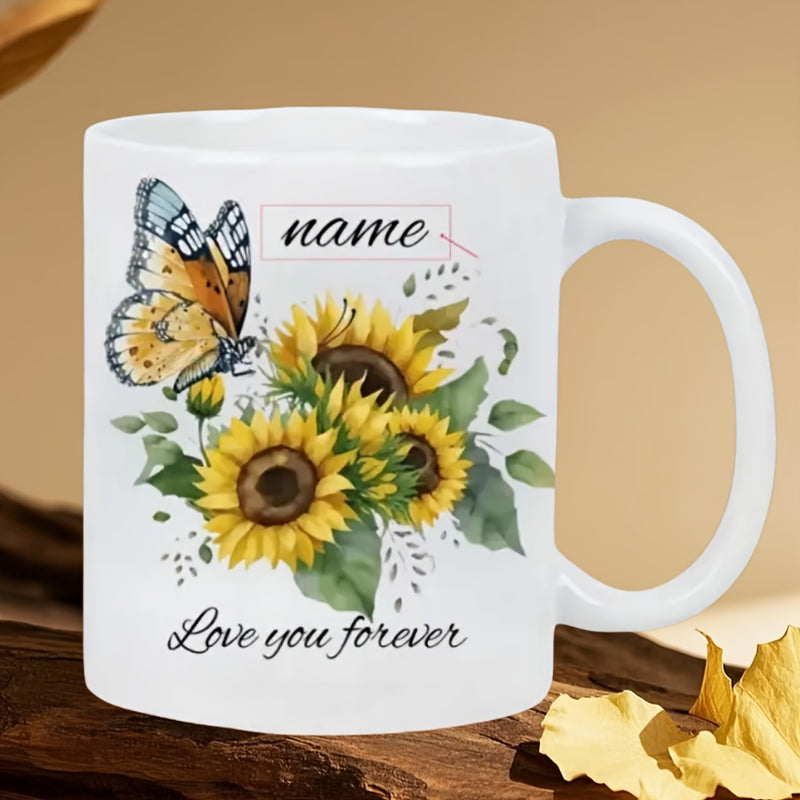 Tailorly White Ceramic 11 oz Mug - Love You Forever Vibrant Blooming Sunflowers And Delicate Butterfly Dancing Among Lush Green Leaves Sunflower