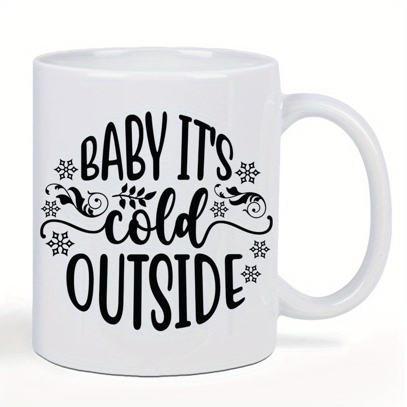 Tailorly White Ceramic 11 oz Mug - Baby Its Cold Outside Delicate Black Snowflakes With Decorative Ornate Swirls And Leaves Mug