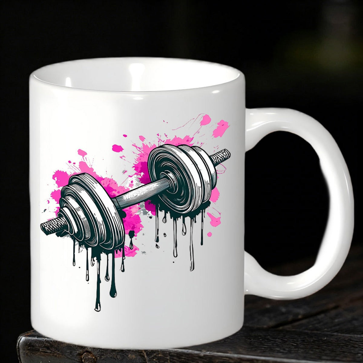 Tailorly White Ceramic 11 oz Mug - Artistic Pink Splatter With Black Dripping Ink Over Sturdy Steel Dumbbell