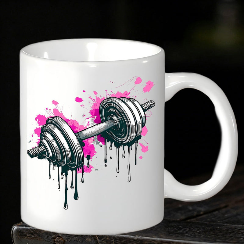 Tailorly White Ceramic 11 oz Mug - Artistic Pink Splatter With Black Dripping Ink Over Sturdy Steel Dumbbell