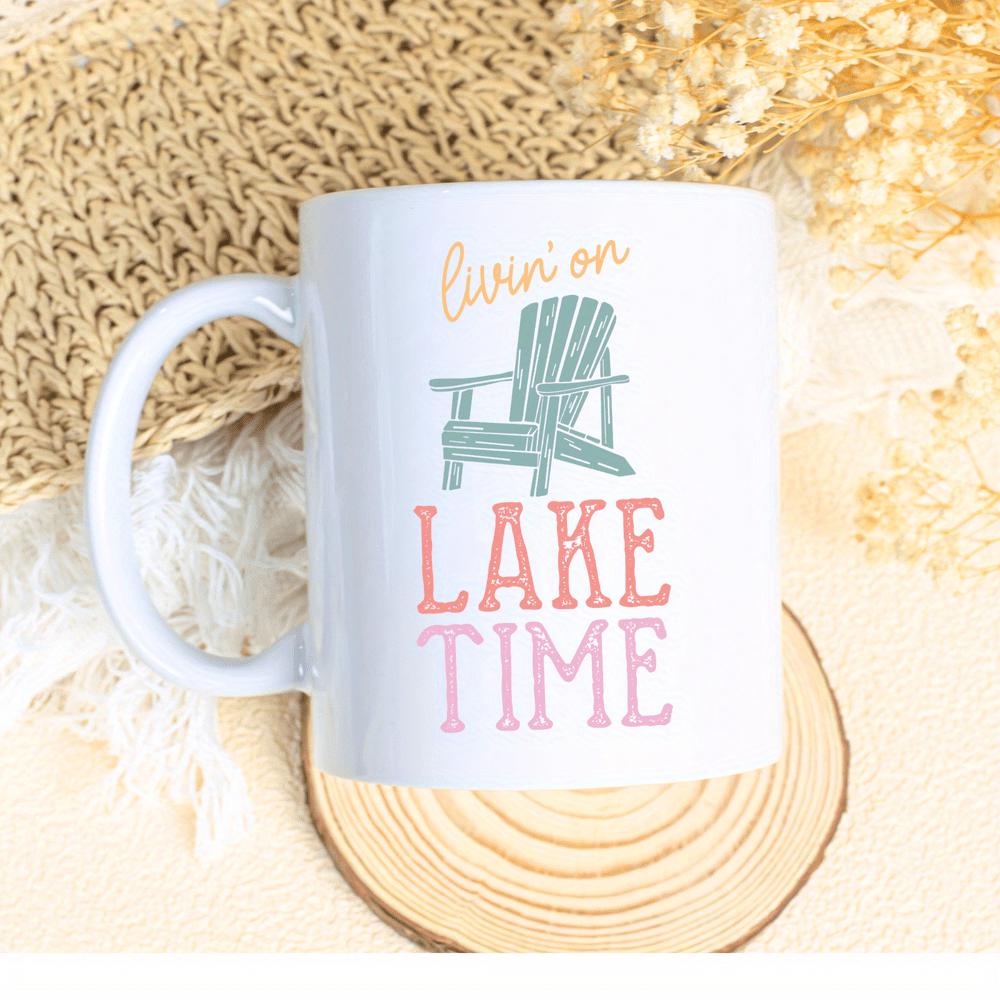 Tailorly White Ceramic 11 oz Mug - Livin On Lake Time Relaxing Wooden Teal Adirondack Seat Among Sunny Lakeside Atmosphere Chair