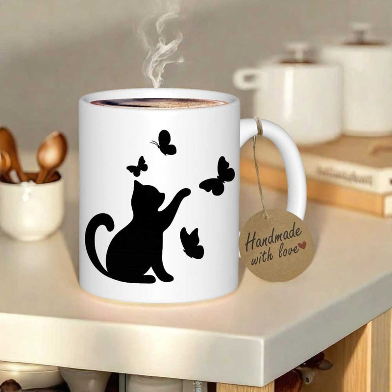 Tailorly White Ceramic 11 oz Mug - Handmade With Love Playful Black Silhouette Of A Cat Reaching For Flying Butterflies Cat