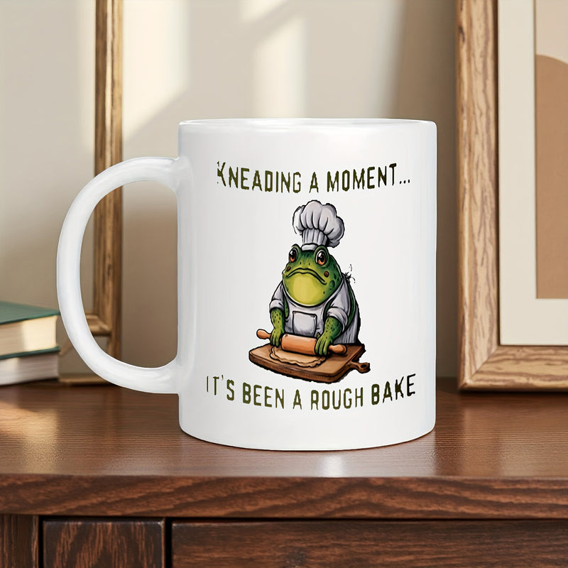 Tailorly White Ceramic 11 oz Mug - Kneading A Moment Its Been A Rough Bake Grumpy Green Frog Wearing A White Chef Hat Kneading Dough Frog