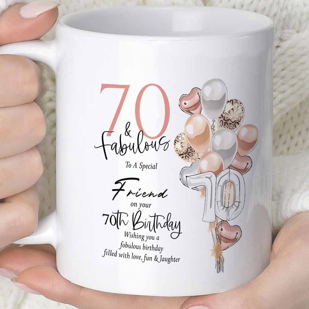 Tailorly White Ceramic 11 oz Mug - Seventy And Fabulous Birthday Wish Soft Rose Gold And Silver Festive Balloons Celebrating A Milestone Anniversary Balloon