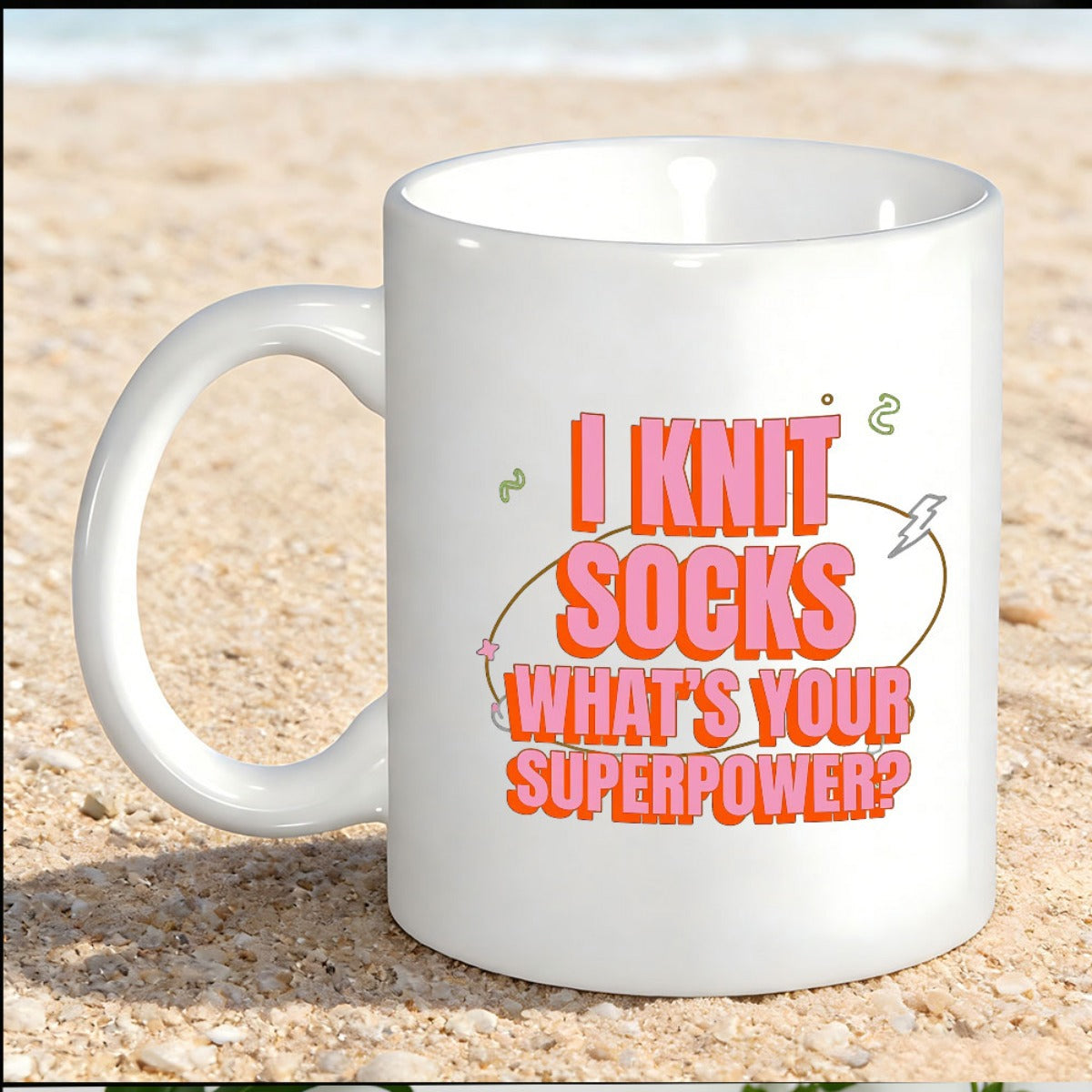 Tailorly White Ceramic 11 oz Mug - I Knit Socks Whats Your Superpower Pink Retro Bold Lettering With Delicate Swirling Lines Ceramic Mug
