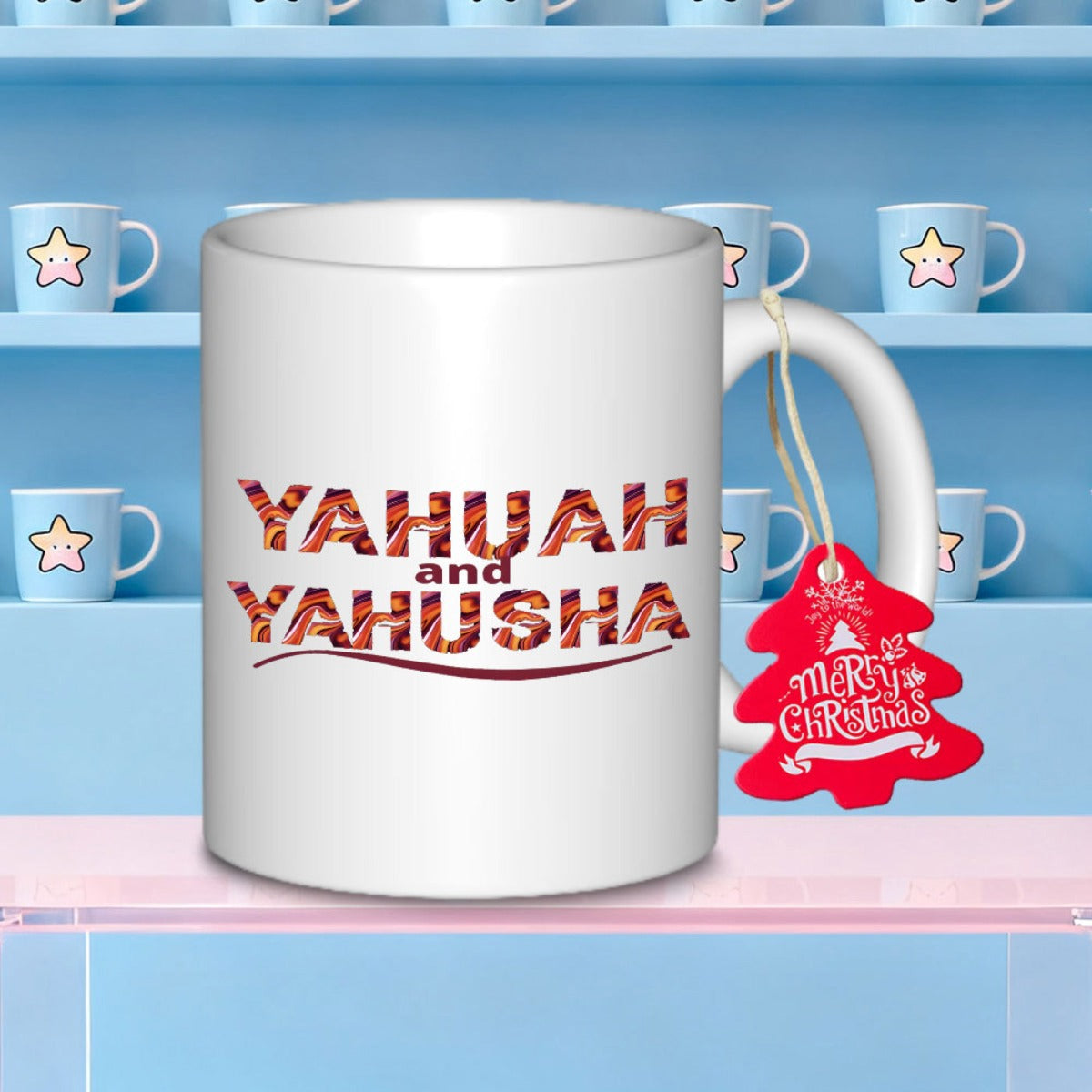 Tailorly White Ceramic 11 oz Mug - Yahuah And Yahusha Artistic Lettering With Textured Fill Under Curved Line Holiday Tag Mug