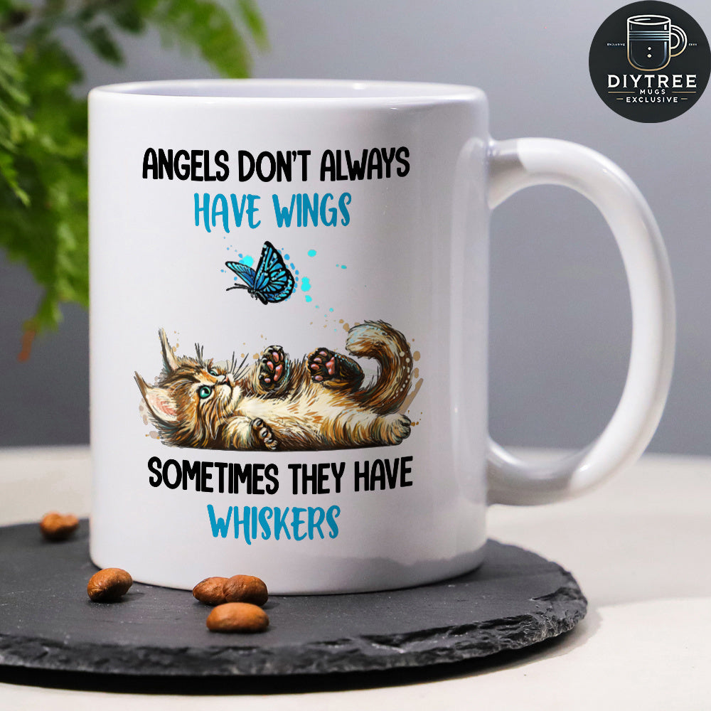 Tailorly White Ceramic 11 oz Mug - Angels Dont Always Have Wings Sometimes They Have Whiskers Playful Fluffy Tabby Kitten Lying On Back Watching A Blue Butterfly