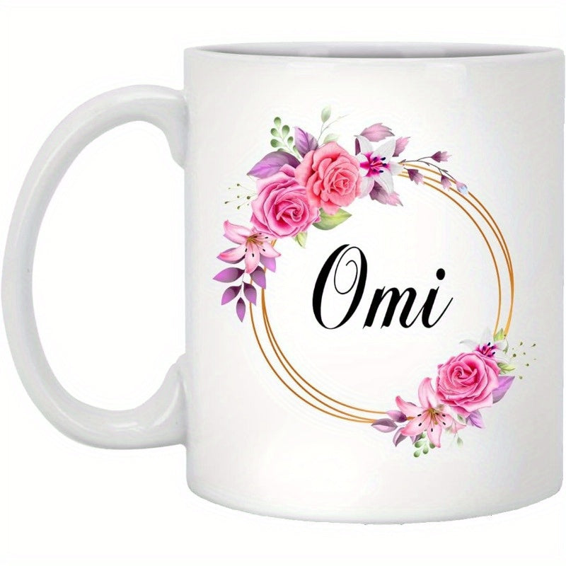 Tailorly White Ceramic 11 oz Mug - Omi Elegant Pink Roses And Purple Lilies Within Golden Circular Wreath