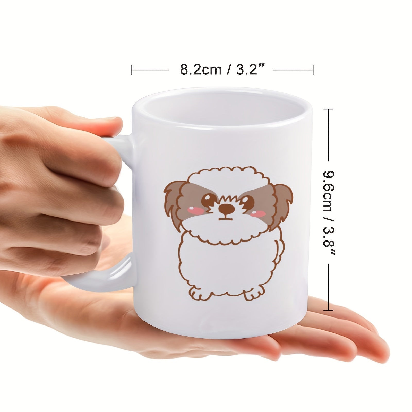 Tailorly White Ceramic 11 oz Mug - Adorable Fluffy Cartoon Puppy With Brown Ears Standing On White Surface Dog
