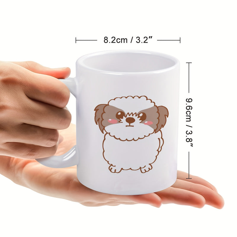 Tailorly White Ceramic 11 oz Mug - Adorable Fluffy Cartoon Puppy With Brown Ears Standing On White Surface Dog