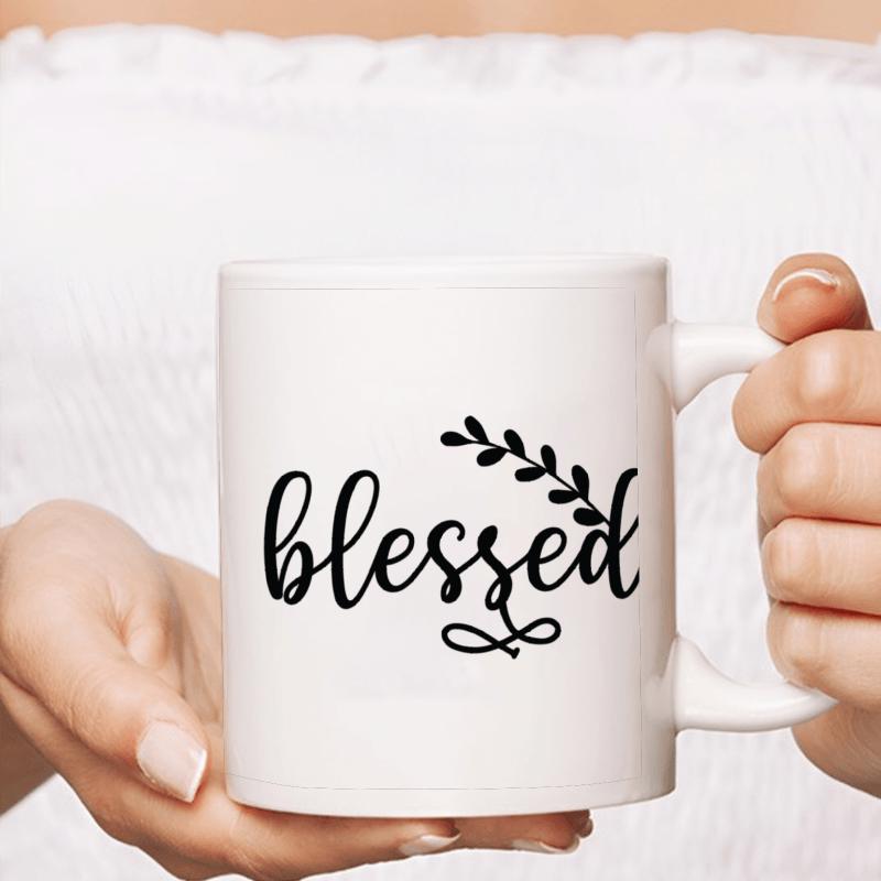 Tailorly White Ceramic 11 oz Mug - Blessed Minimalist Cursive Lettering With Delicate Leaf Sprig And Decorative Accent Art