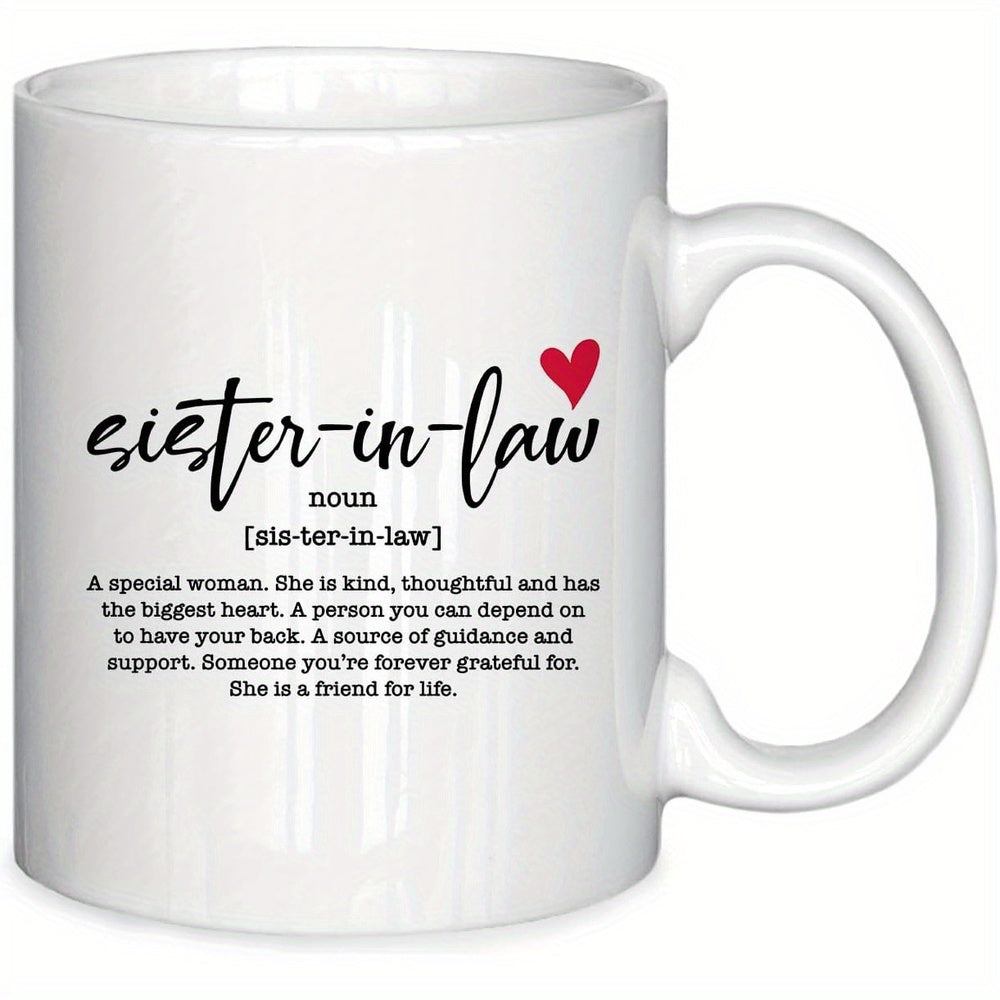 Tailorly White Ceramic 11 oz Mug - Sister In Law Minimalist Script Font With A Small Vibrant Red Heart