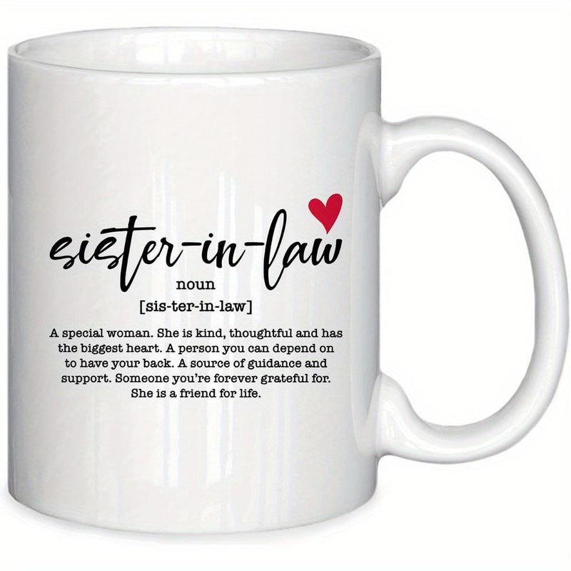 Tailorly White Ceramic 11 oz Mug - Sister In Law Minimalist Script Font With A Small Vibrant Red Heart