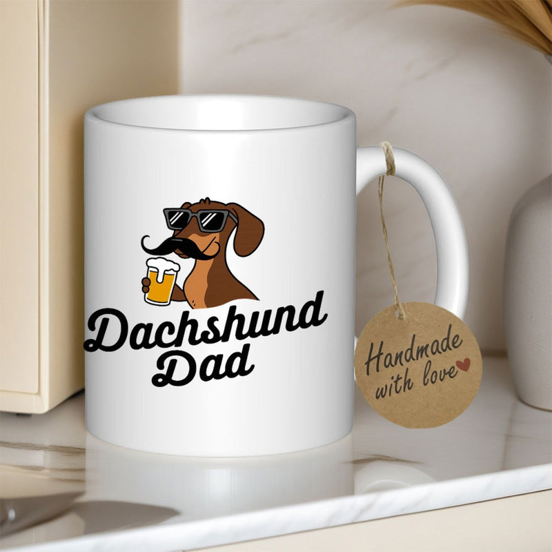 Tailorly White Ceramic 11 oz Mug - Dachshund Dad Charming Brown Cartoon Wiener Dog Wearing Sunglasses And Mustache Holding Beer Dachshund