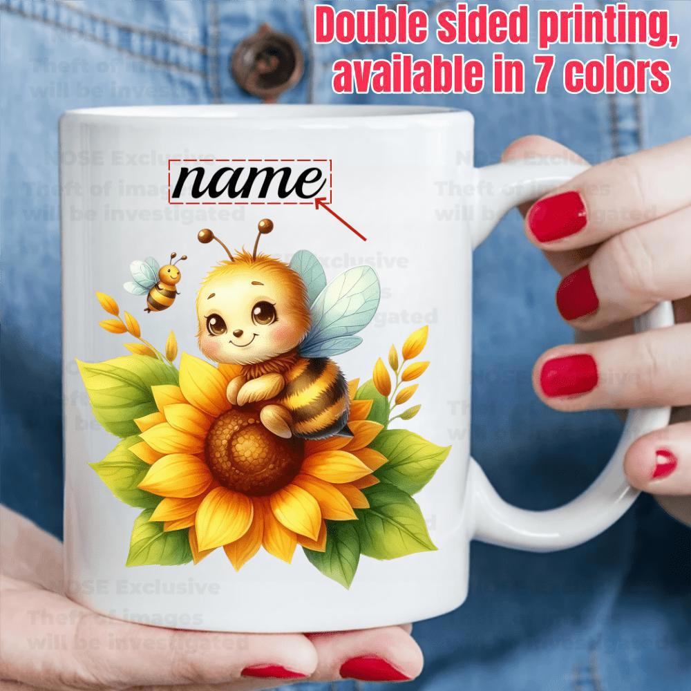Tailorly White Ceramic 11 oz Mug - Name Cute Little Honey Bee Resting On A Bright Yellow Sunflower Bee