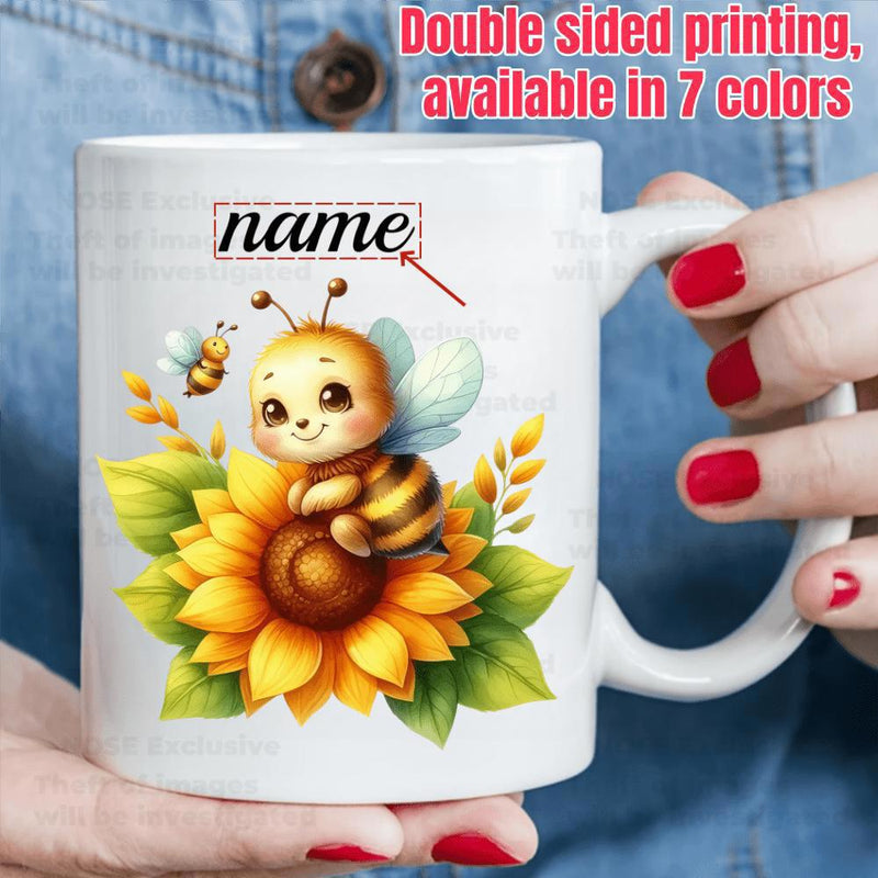 Tailorly White Ceramic 11 oz Mug - Name Cute Little Honey Bee Resting On A Bright Yellow Sunflower Bee