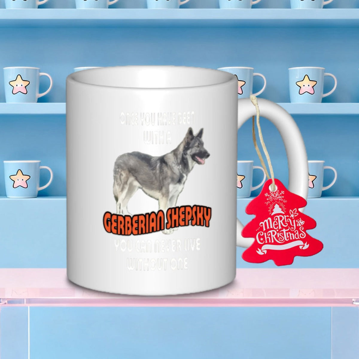 Tailorly White Ceramic 11 oz Mug - Gerberian Shepsky Alert Standing Gray And White Hybrid Dog Breed On White Background Gerberian Shepsky
