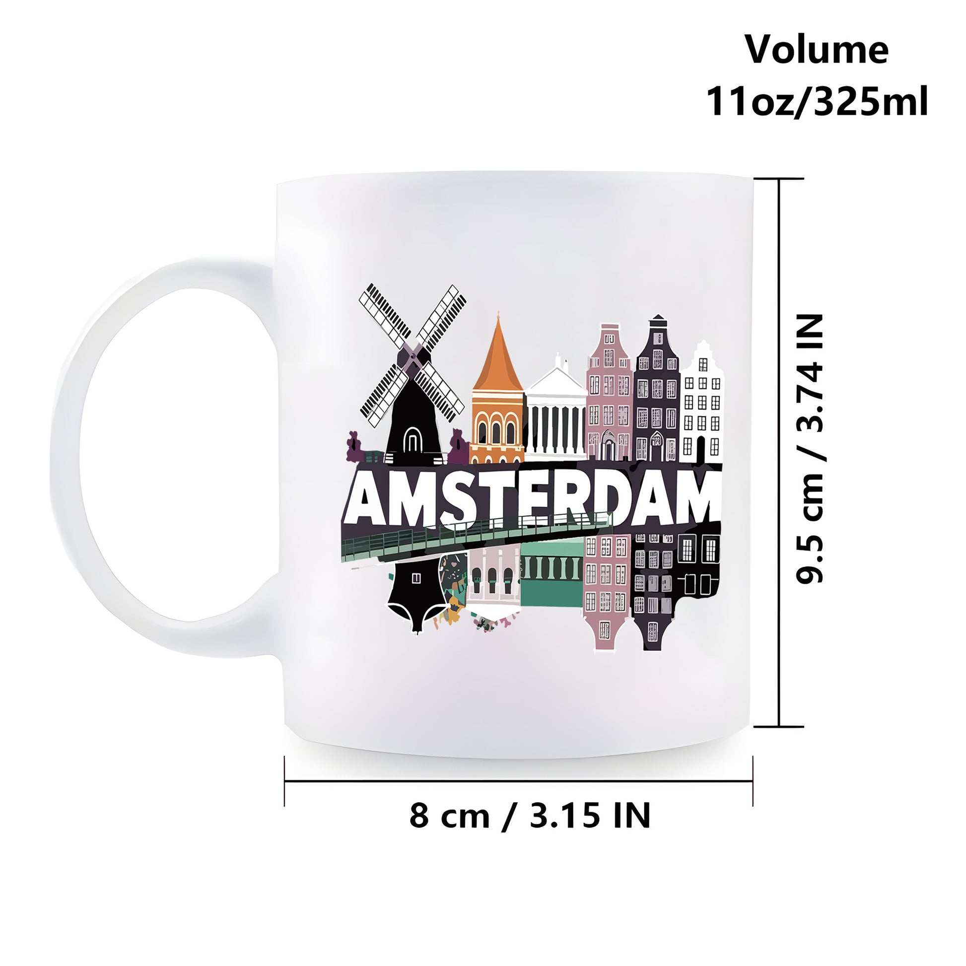 Tailorly White Ceramic 11 oz Mug - Amsterdam Traditional Urban Architecture With Iconic Windmill And Scenic Water Reflections Skyline