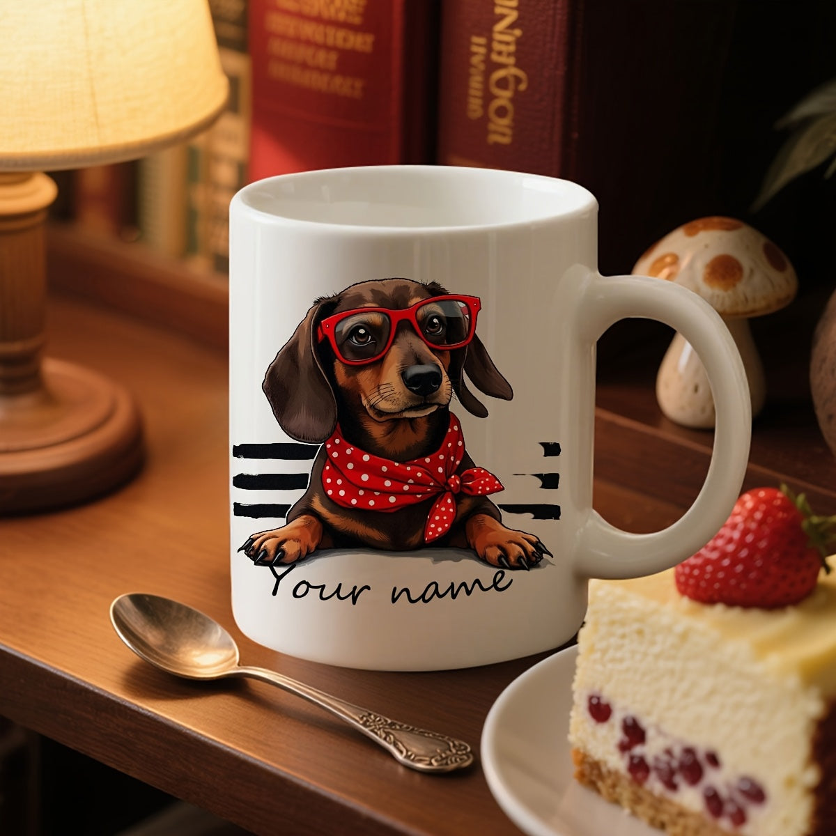Tailorly White Ceramic 11 oz Mug - Your Name Adorable Dog Wearing Red Glasses And Polka Dot Scarf Dachshund