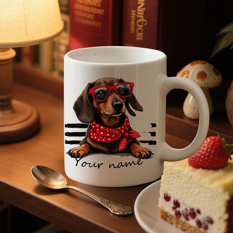 Tailorly White Ceramic 11 oz Mug - Your Name Adorable Dog Wearing Red Glasses And Polka Dot Scarf Dachshund