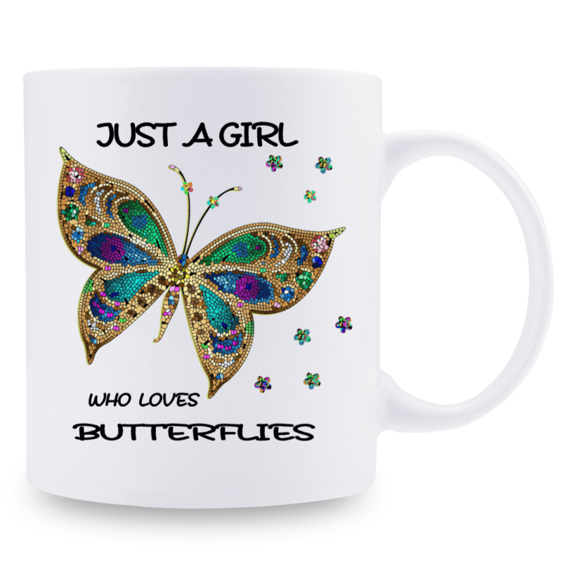 Tailorly White Ceramic 11 oz Mug - Just A Girl Who Loves Butterflies Detailed Jeweled Wings With Golden Outlines And Sparkling Teal Mosaic Accents Butterfly