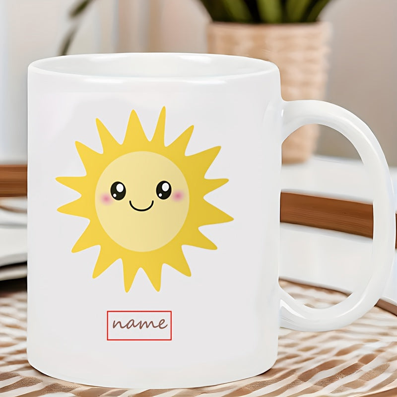 Tailorly White Ceramic 11 oz Mug - Name Smiling Yellow Cartoon Sun With Glowing Rays And Cheerful Face Sun