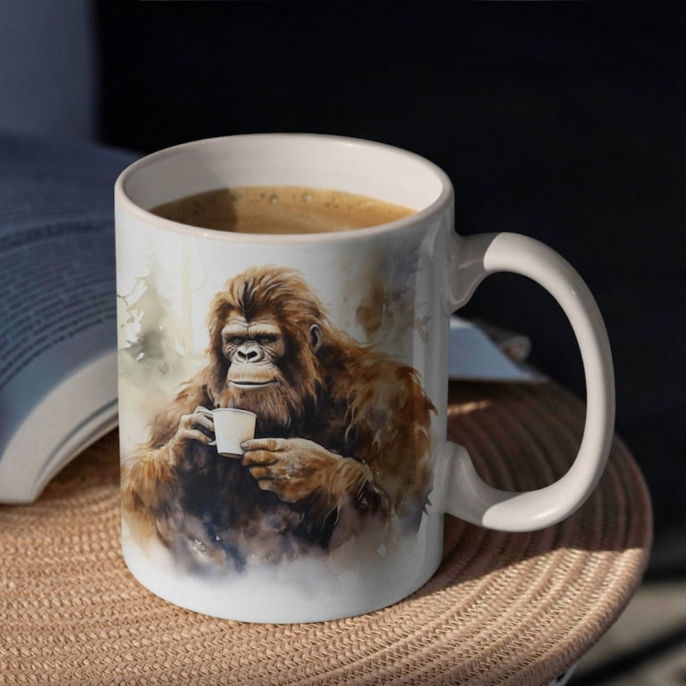 Tailorly White Ceramic 11 oz Mug - Majestic Hairy Creature Sitting Calmly While Sipping Hot Beverage Morning Coffee Sasquatch