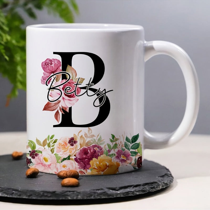 Tailorly White Ceramic 11 oz Mug - Betty Floral Arrangement With Pink Roses And Elegant Large Black Serif Initial Mug