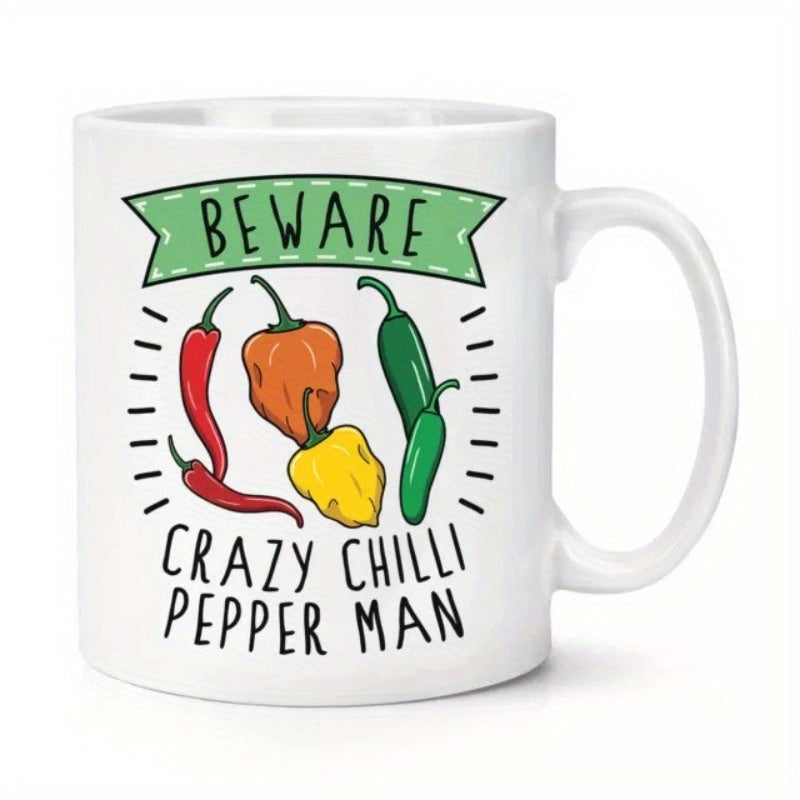 Tailorly White Ceramic 11 oz Mug - Beware Crazy Chilli Pepper Man Assorted Colorful Spicy Hot Peppers Floating Beneath A Green Warning Banner Chilli
