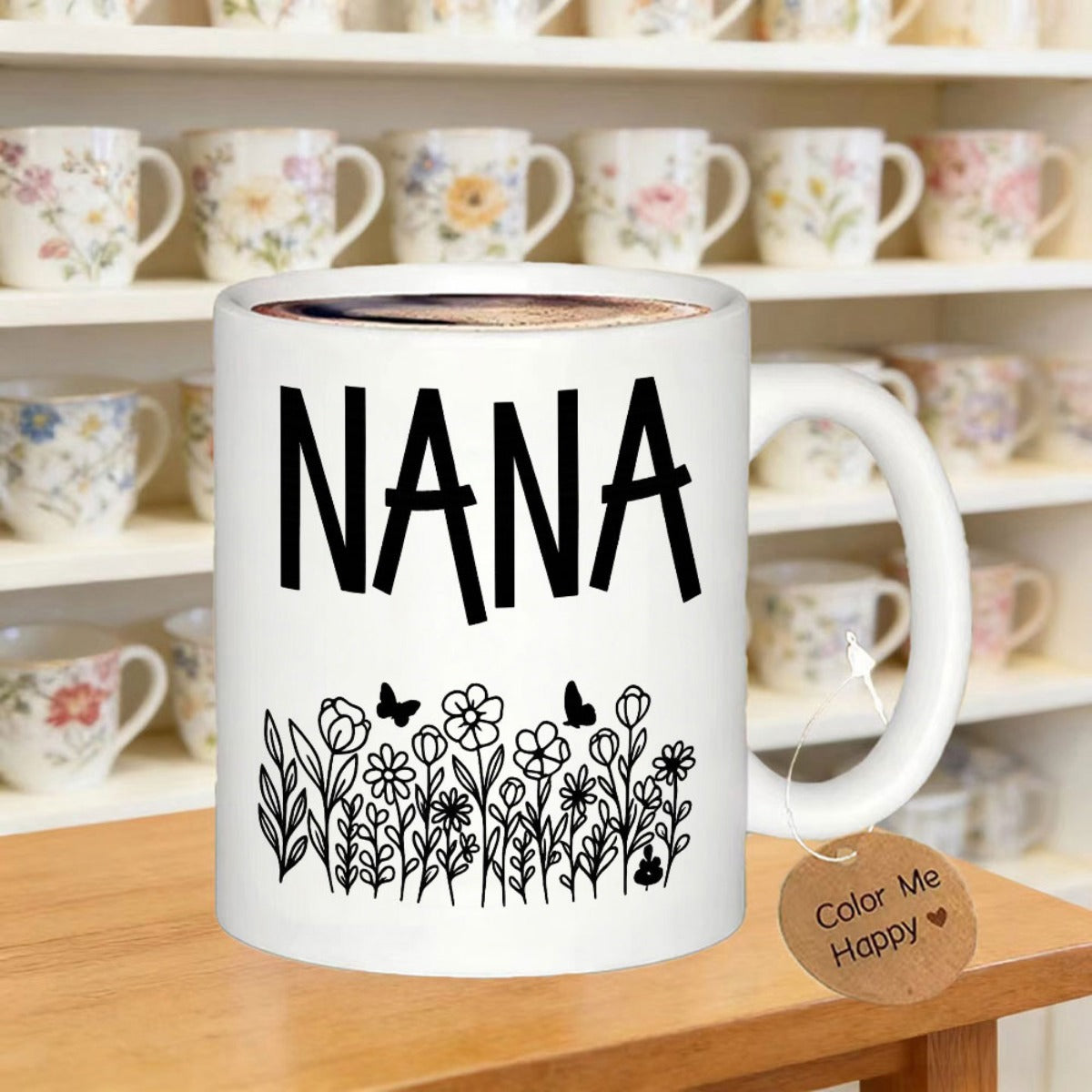 Tailorly White Ceramic 11 oz Mug - Nana Beautiful Hand Drawn Meadow Flowers And Butterflies Growing At Base Flower
