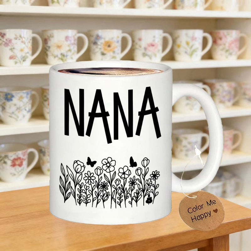 Tailorly White Ceramic 11 oz Mug - Nana Beautiful Hand Drawn Meadow Flowers And Butterflies Growing At Base Flower